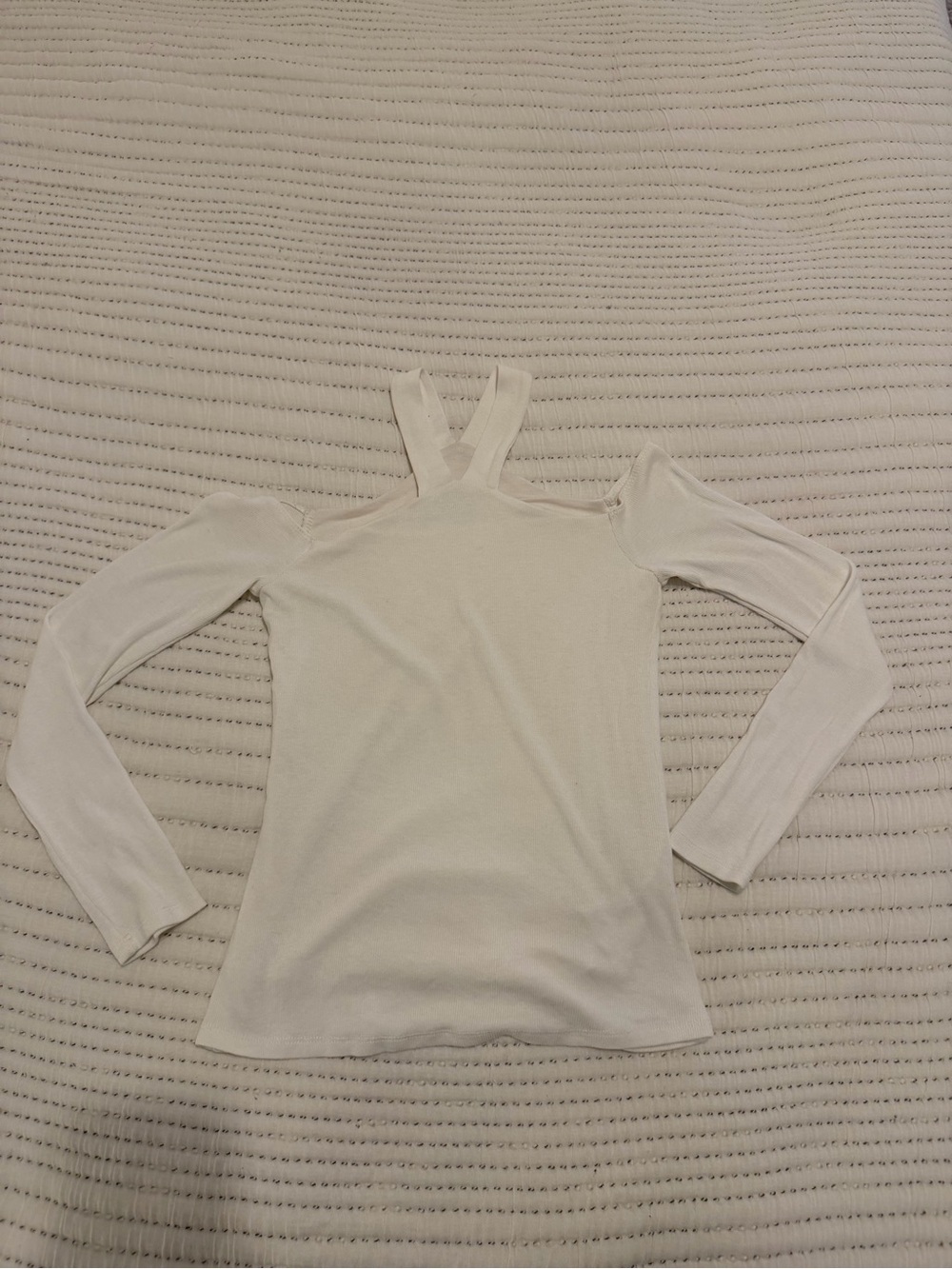 Women's White Cold-Shoulder Long Sleeve Top with Crossover Straps
